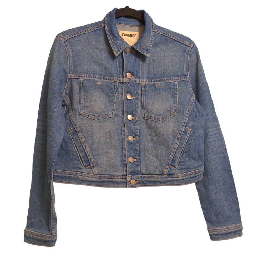 L'Agence Jemma Pomona Denim Jean Jacket Blue Waist Length Button-Up Collar S New